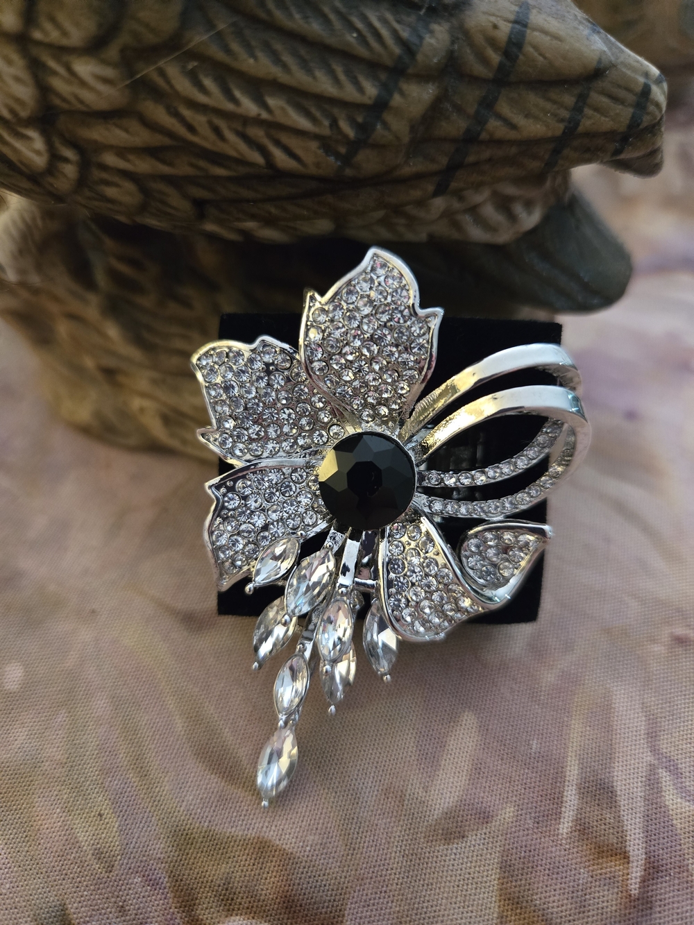 Silver-Tone Crystal Flower Ring with Black Center